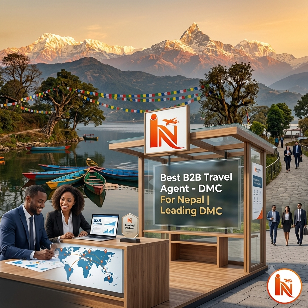 Panoramic view of Fewa Lake and Annapurna mountains in Pokhara, Nepal. A professional B2B travel agent kiosk with the Indo Nepal DMC logo is in the foreground, with professional partners collaborating. The text title 'Best B2B Travel Agent - DMC For Nepal | Leading DMC Nepal' is prominently displayed.